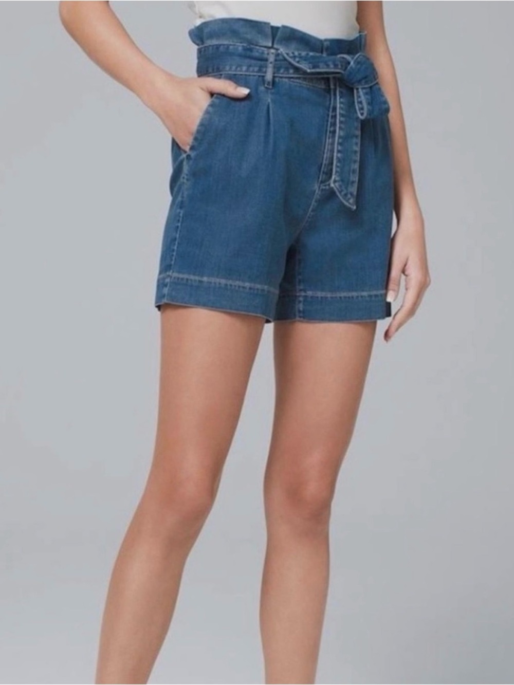 WHBM High-Rise Denim Paperbag Shorts in Blue